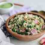 Celebrate the arrival of spring with this Spring Bulgur Wheat Salad with Avocado Herb Dressing. This bulgur salad is simple to make and full of delicious ingredients made from the spring harvest. #bulgurwheat #springsalad